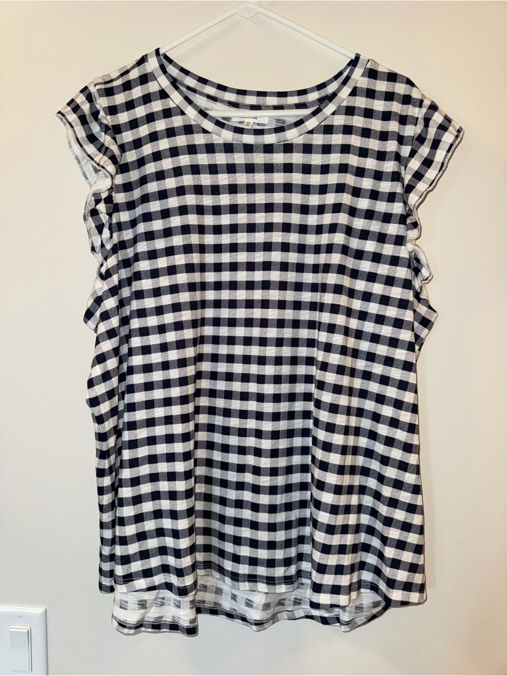 Navy Blue and White Gingham Cap Sleeve Top